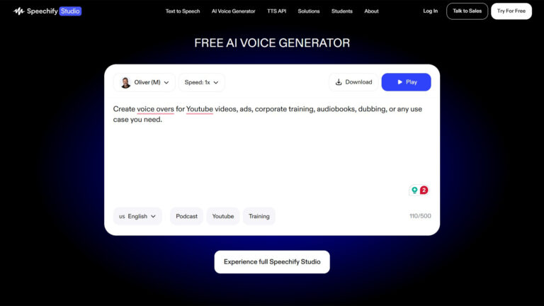 AI Text-to-Speech Voice Generation | Speechify Studio | AllAiWebsite