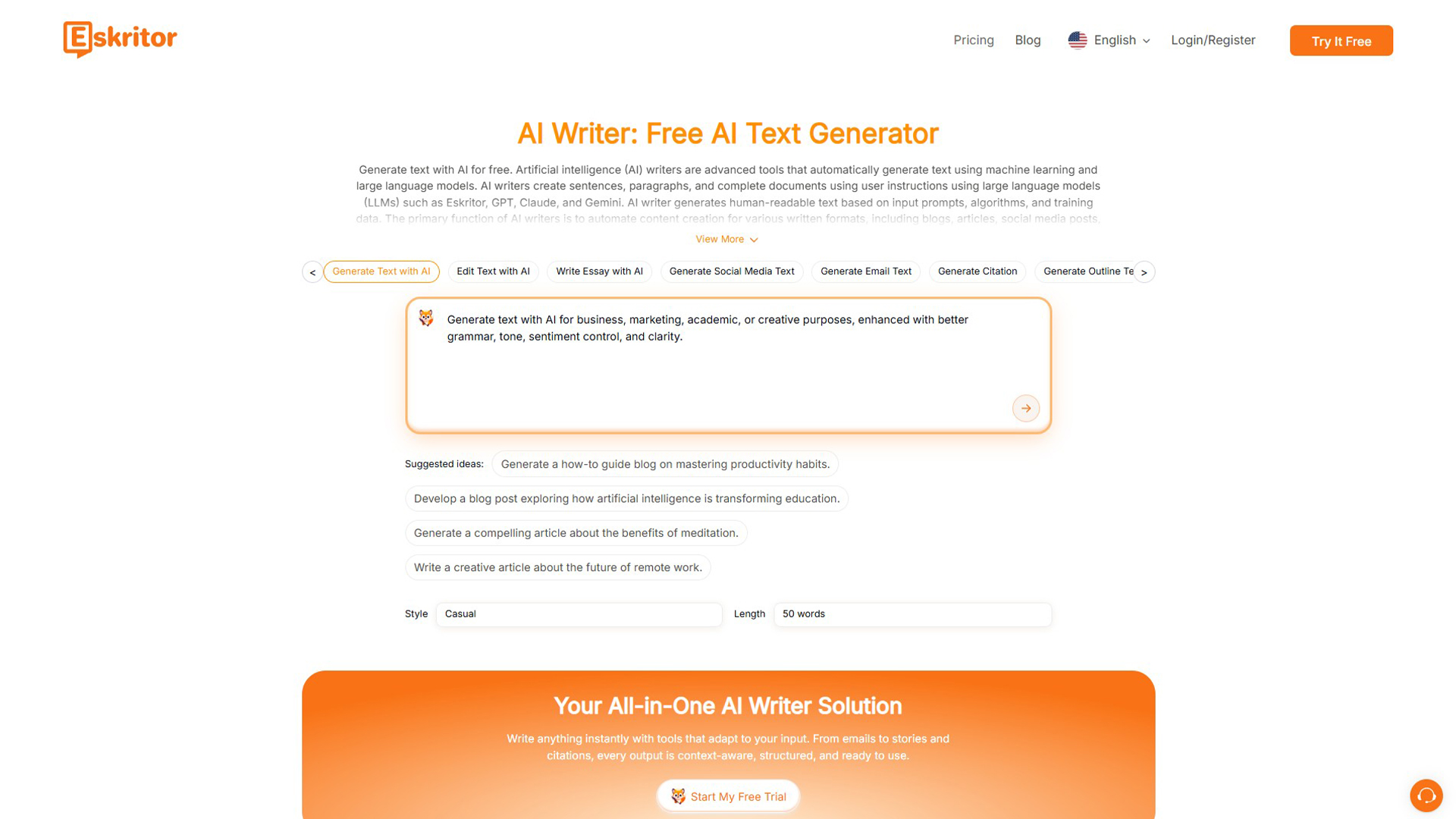Free AI Text Generator | Eskritor | AllAiWebsite