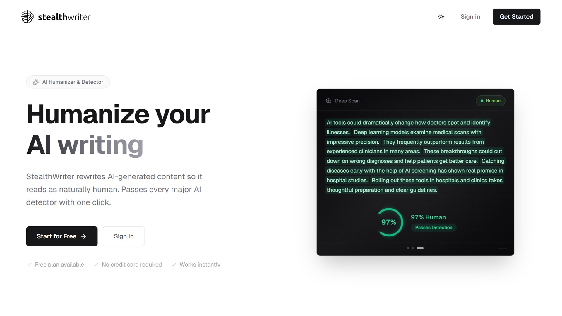 StealthWriter review 2026 — AI humanizer tool interface with before and after detector score | AllAIWebsite