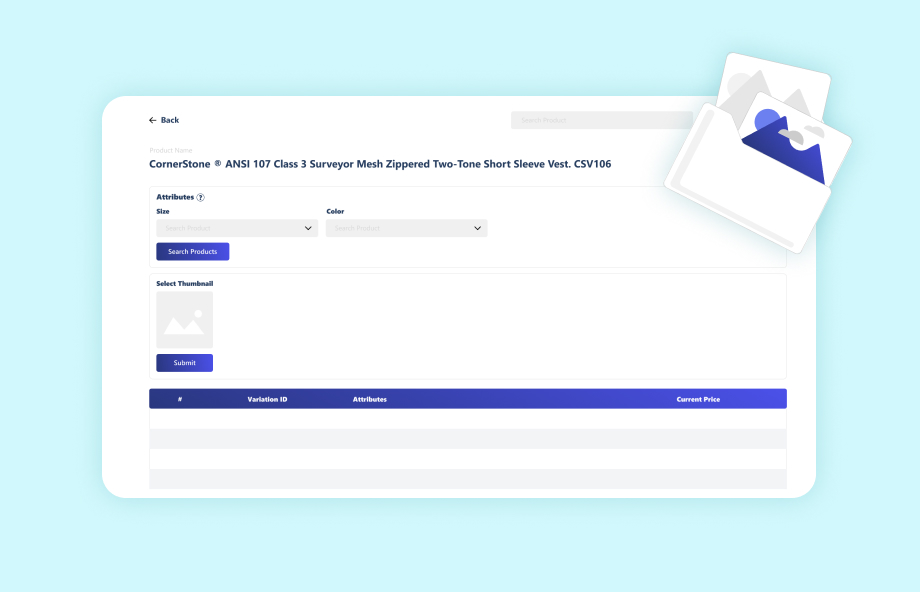A digital screenshot of an e-commerce product detail page showing input fields for product attributes, a thumbnail selector, and a product variations table.