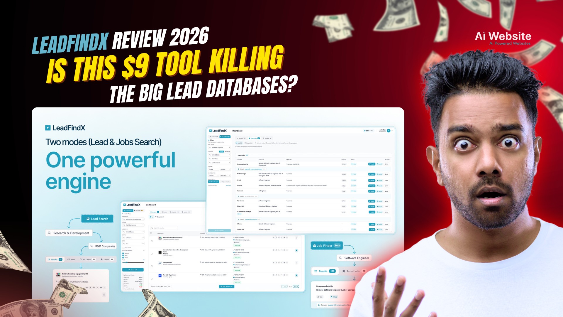 A man with a shocked expression looking directly at the camera, with a digital interface of 'LeadFindX' displayed prominently. Money is falling in the background | AllAIWebsite
