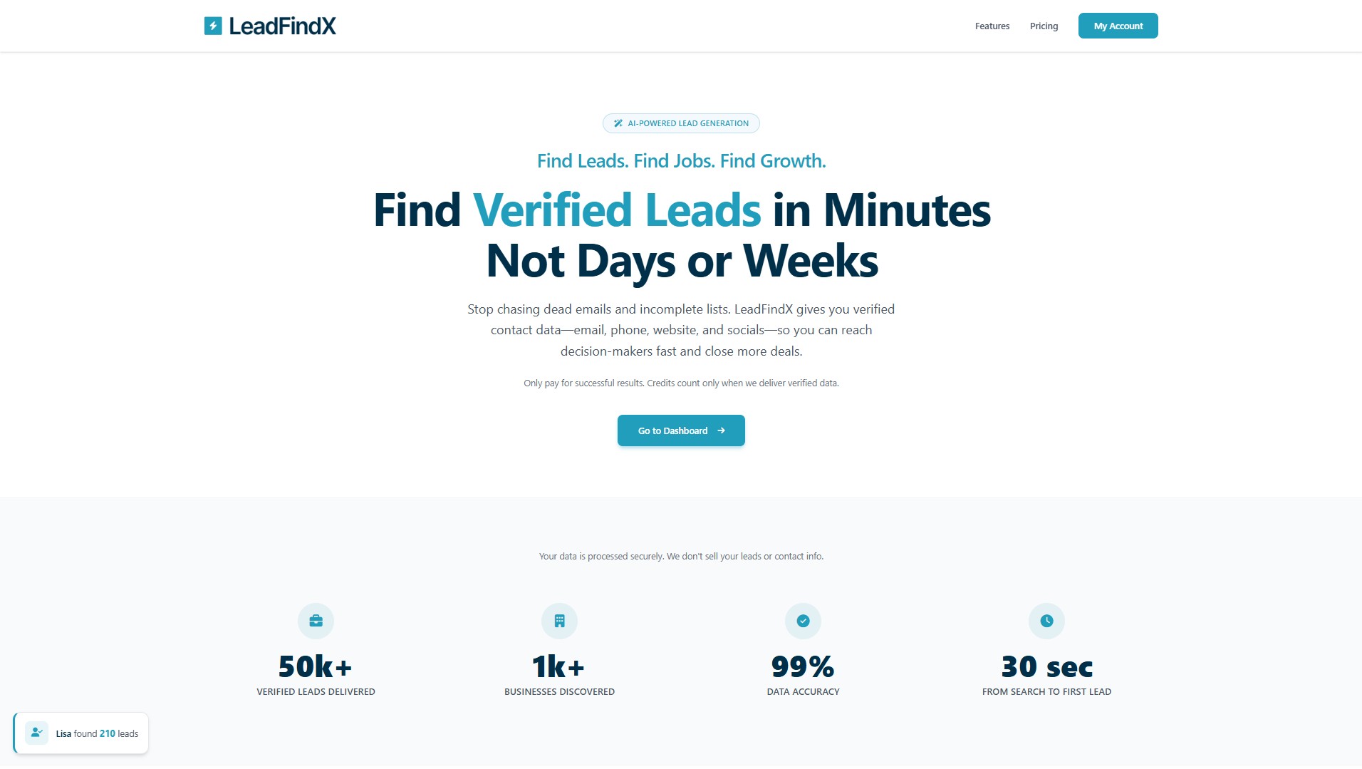 A white LeadFindX website page displayed on a laptop screen with a purple and pink background, showing sections for lead generation and statistics | AllAIWebsite