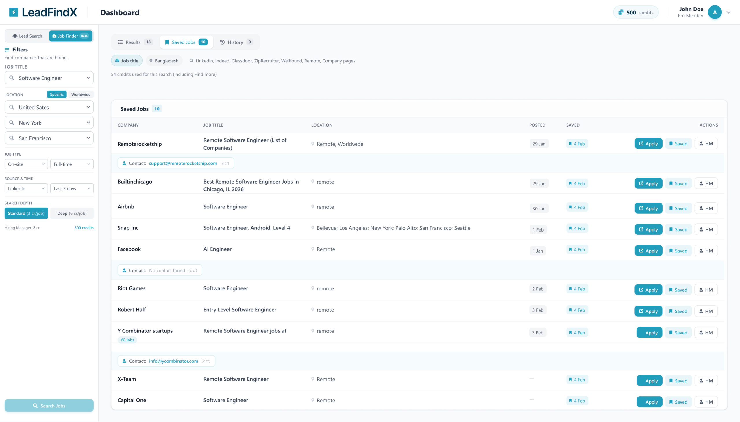 A screenshot of the LeadFindX dashboard showing job search filters on the left, and a table of 'Saved Jobs' with company names, job titles, locations, and actions on the right | AllAIWebsite