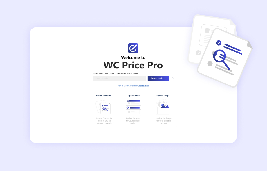 A clean, modern user interface for 'WC Price Pro' software, showing a search bar, product management options, and illustrative icons.