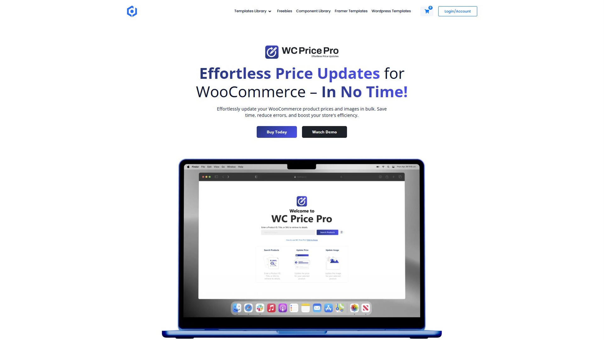 A laptop displaying the WC Price Pro welcome screen, positioned below the WC Price Pro logo and marketing text on a white background | AllAIWebsite