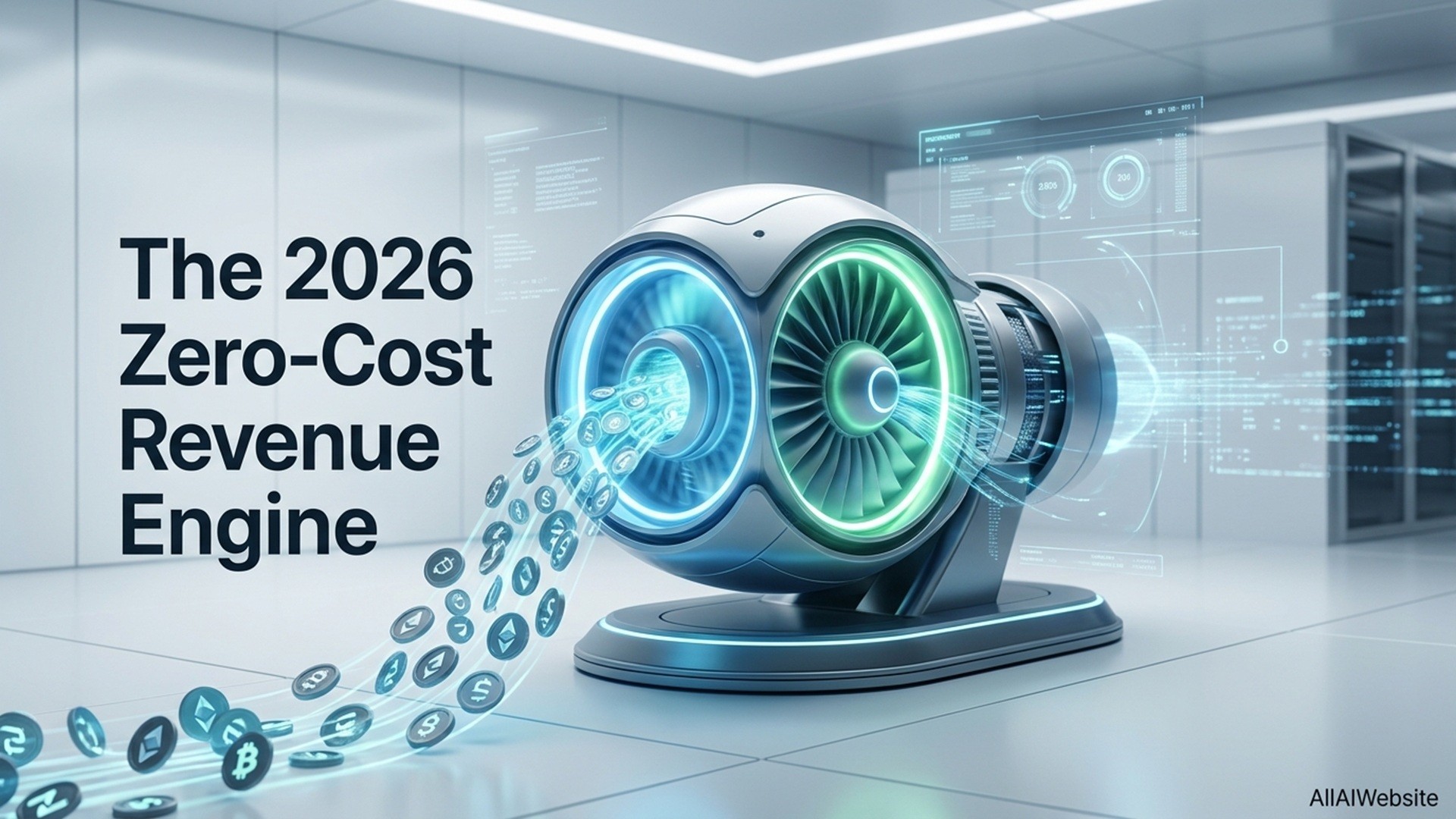 A futuristic, spherical jet engine-like device with glowing blue and green turbines, emitting a stream of digital currency icons in a data center | AllAIWebsite