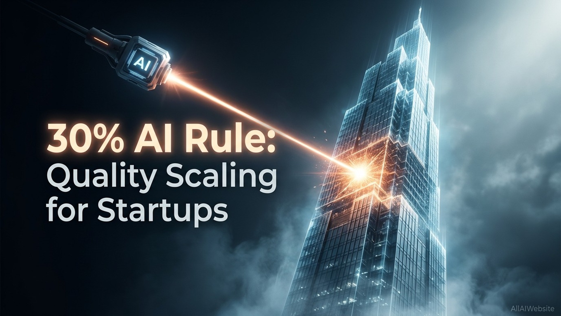 A futuristic device labeled 'AI' emits a laser beam that strikes a modern skyscraper. The building glows at the point of impact | AllAIWebsite