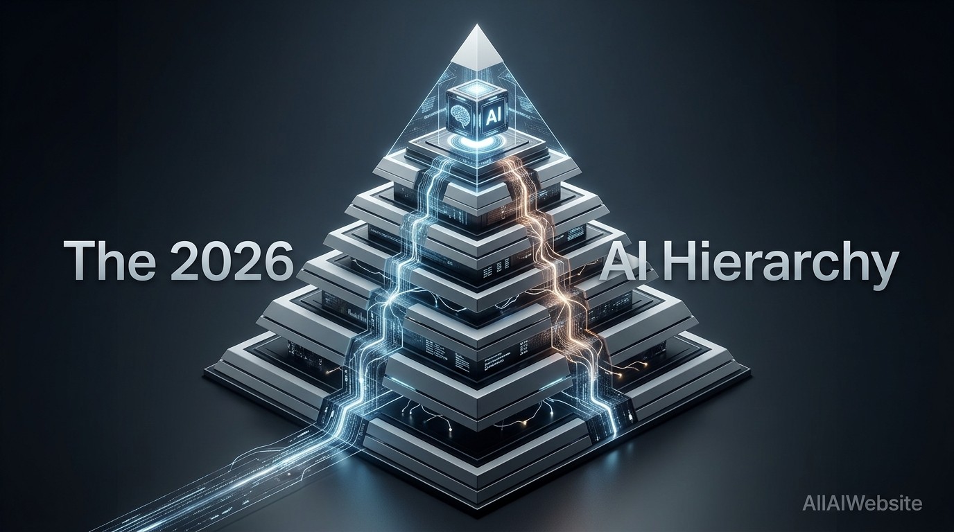 A futuristic pyramidal structure with glowing lines and a 'AI' cube at the apex, illustrating a hierarchical digital concept | AllAIWebsite