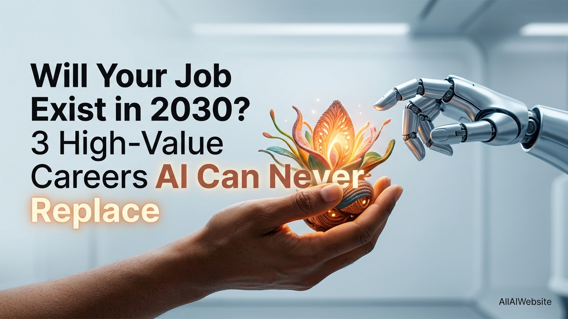 A human hand holding a glowing, lotus-like object while a silver robotic hand reaches towards it. Text overlay asks 'Will Your Job Exist in 2030? 3 High-Value Careers AI Can Never Replace' | AllAIWebsite