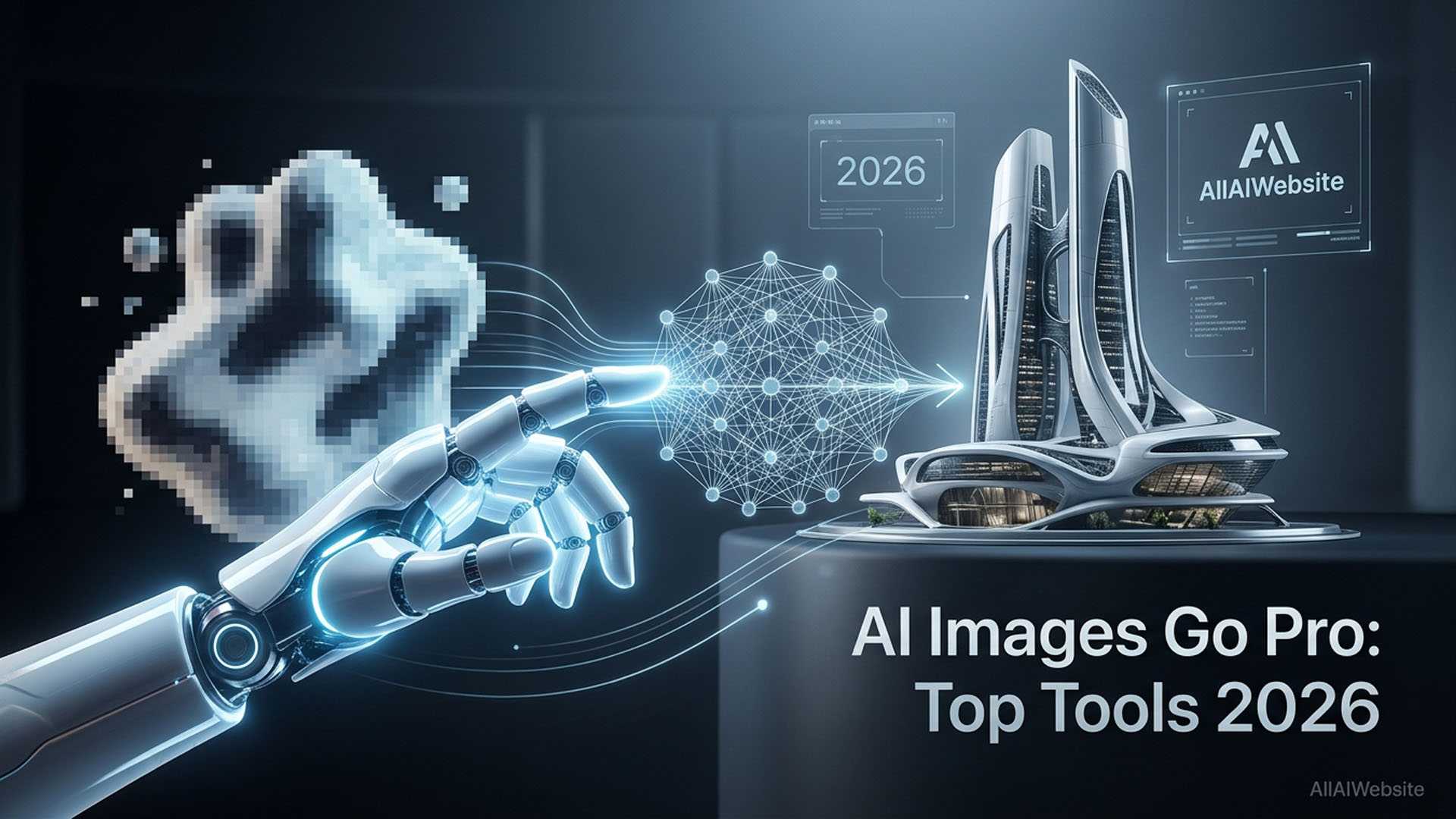 A futuristic robotic hand pointing towards a glowing network of interconnected nodes, leading to a sleek, modern skyscraper with '2026' and 'AllAIWebsite' displayed on screens, and 'AI Images Go Pro: Top Tools 2026' text below.