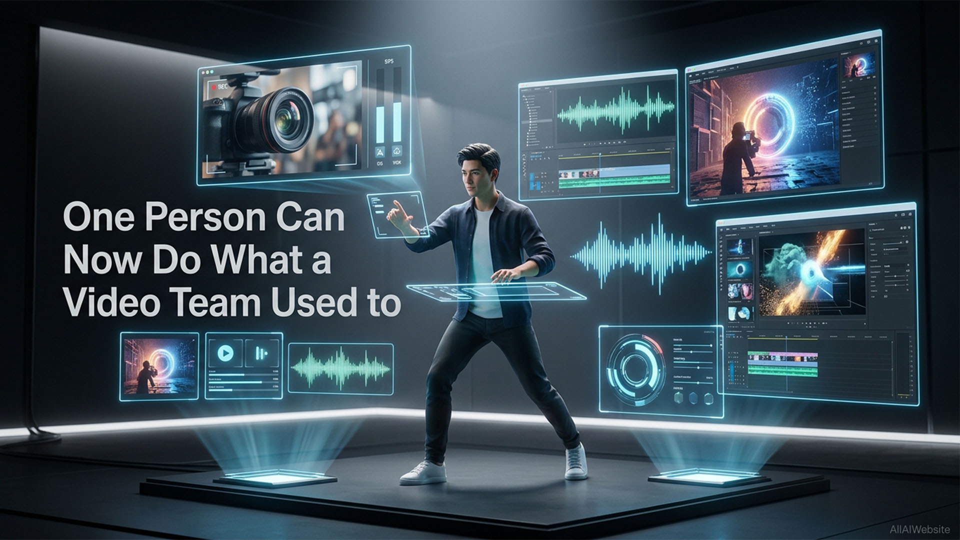 A man interacting with multiple holographic screens displaying various video editing interfaces, sound waves, and camera feeds in a futuristic studio | AllAIWebsite