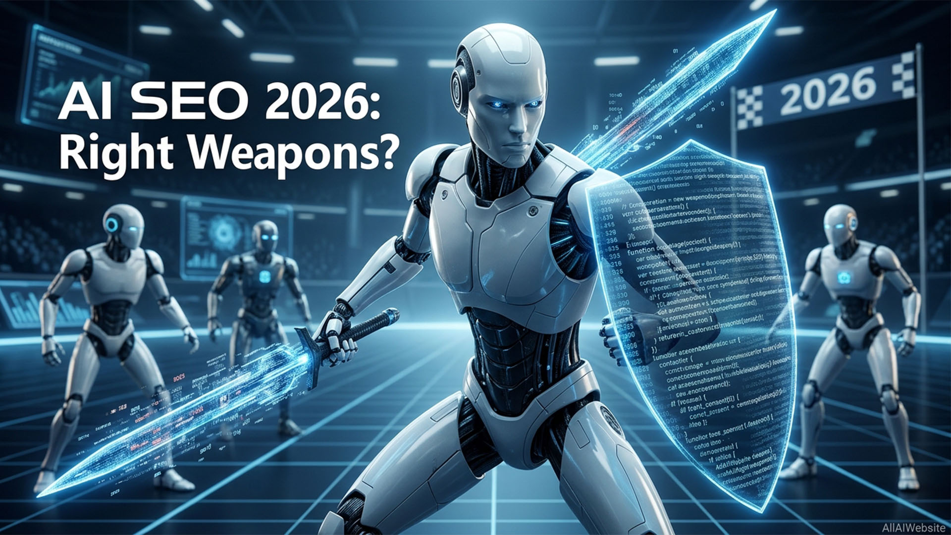 A group of humanoid robots, one in the foreground wielding a glowing sword and shield displaying code, with 'AI SEO 2026: Right Weapons?' text | AllAIWebsite