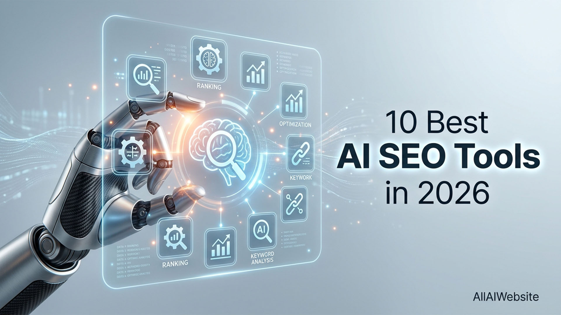 A robotic arm pointing towards a holographic display with various interconnected icons representing SEO concepts like ranking, optimization, keyword analysis, and data analytics. The text '10 Best AI SEO Tools in 2026' is prominently displayed | AllAIWebsite