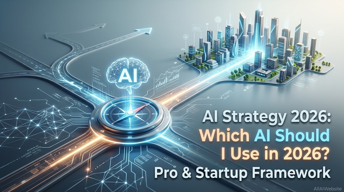 A digital illustration showing a compass at the center of a circuit board, with roads leading to a futuristic city, and a glowing AI brain icon | AllAIWebsite