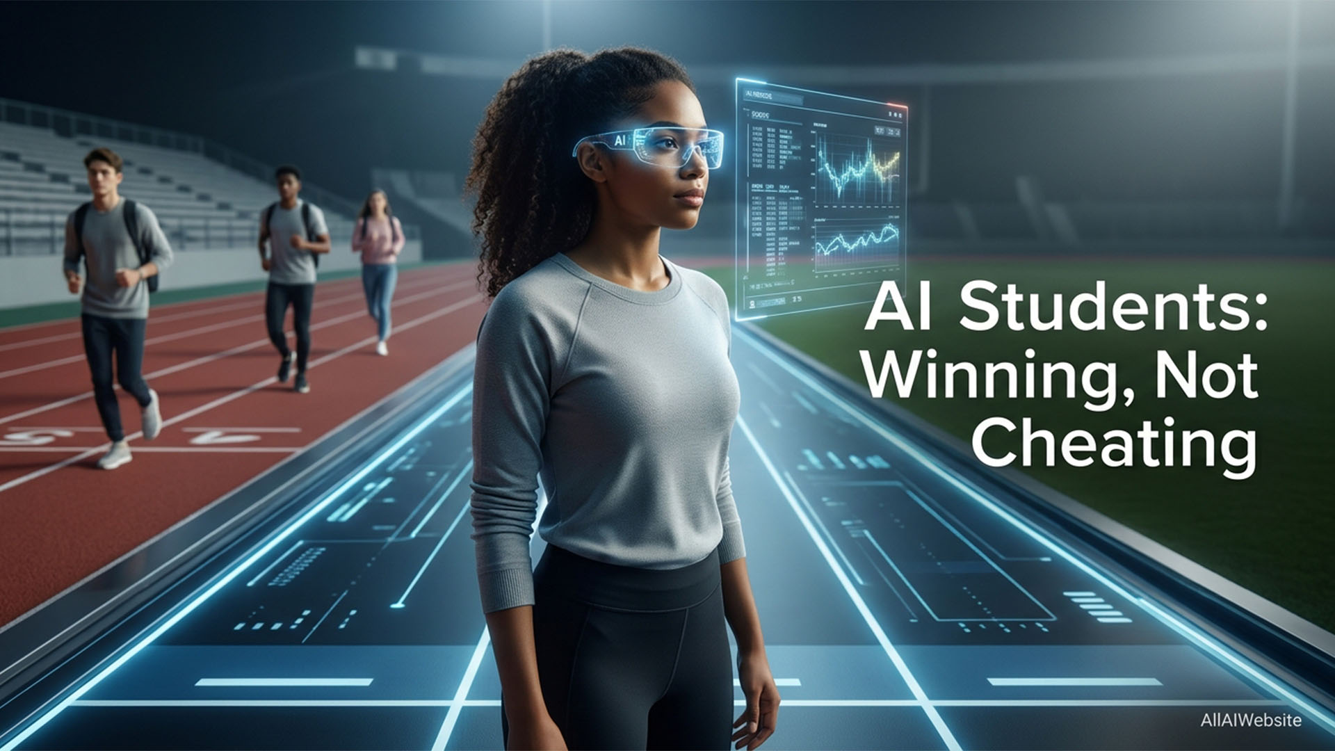 A woman with AR glasses stands on a glowing futuristic running track, looking right. Three people jog in the background. Text 'AI Students: Winning, Not Cheating' is on the right | AllAIWebsite