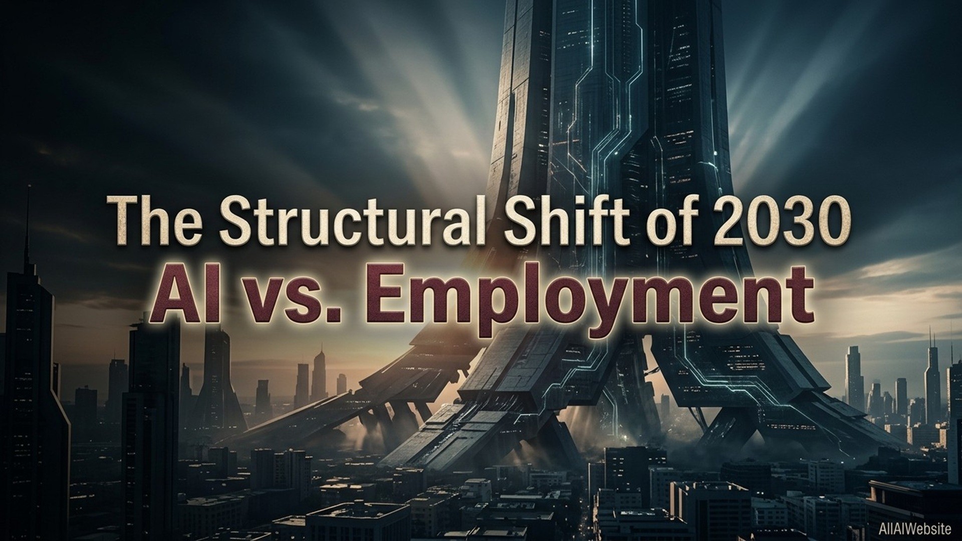 A futuristic city skyline at sunrise with a massive, illuminated skyscraper at the center. Text overlays read 'The Structural Shift of 2030' and 'AI vs. Employment' | AllAIWebsite