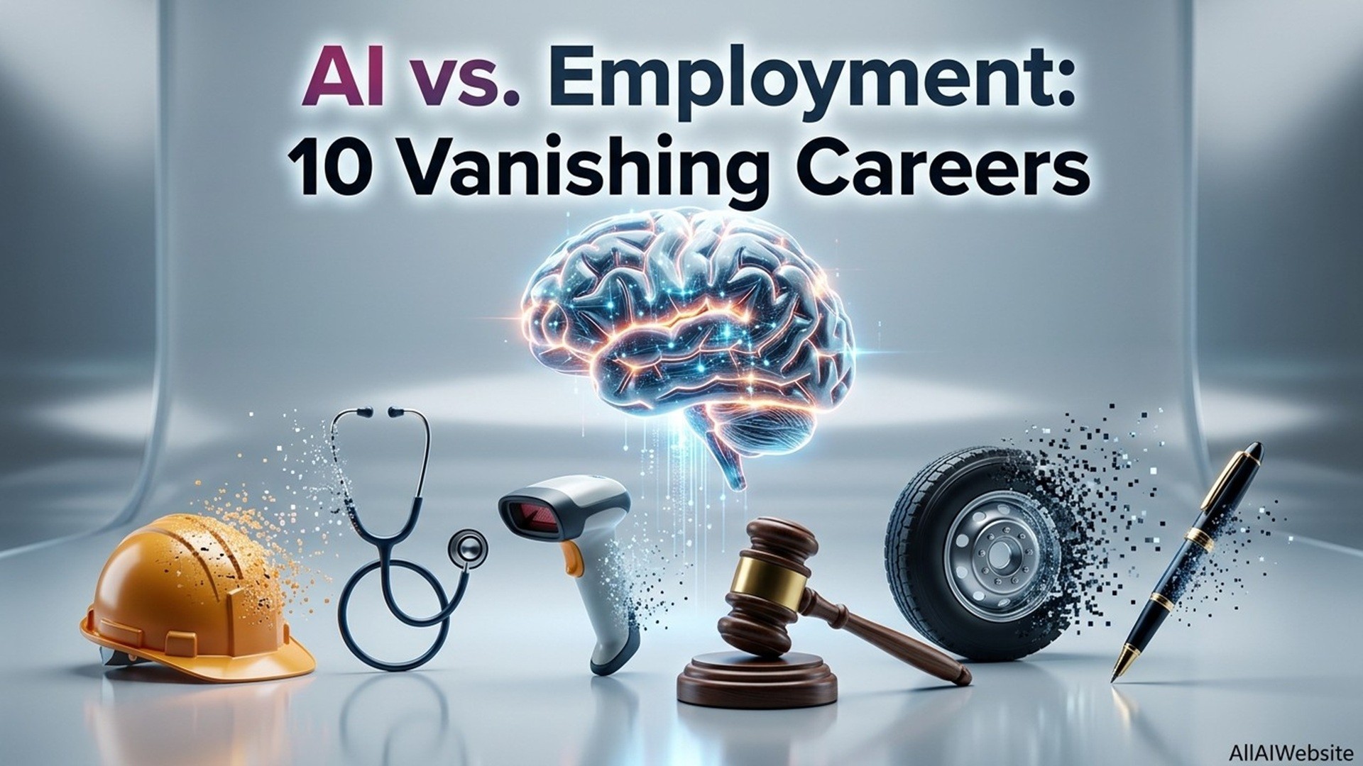 A graphic with the title 'AI vs. Employment: 10 Vanishing Careers' featuring a glowing brain, hard hat, stethoscope, barcode scanner, gavel, dissolving tire, and pen | AllAIWebsite