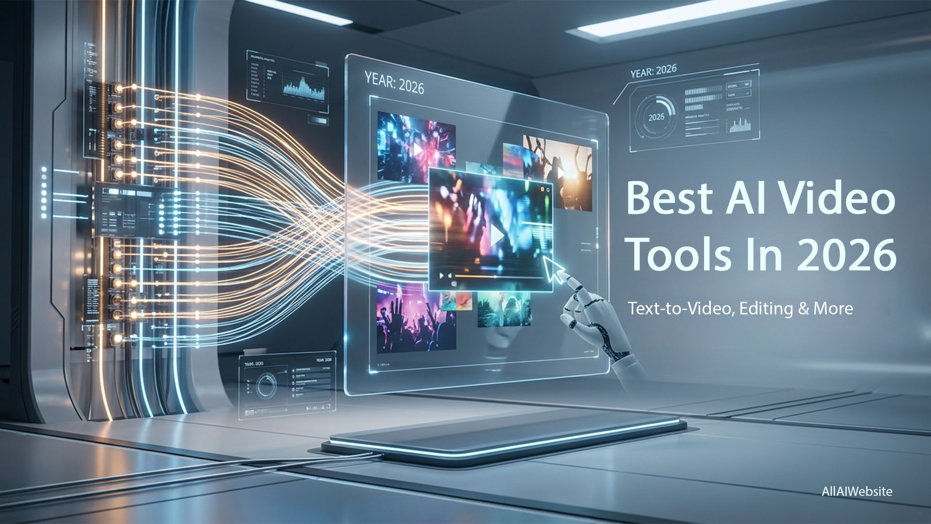 A futuristic digital interface displaying 'Best AI Video Tools In 2026' with multiple video thumbnails and data visualizations | AllAIWebsite