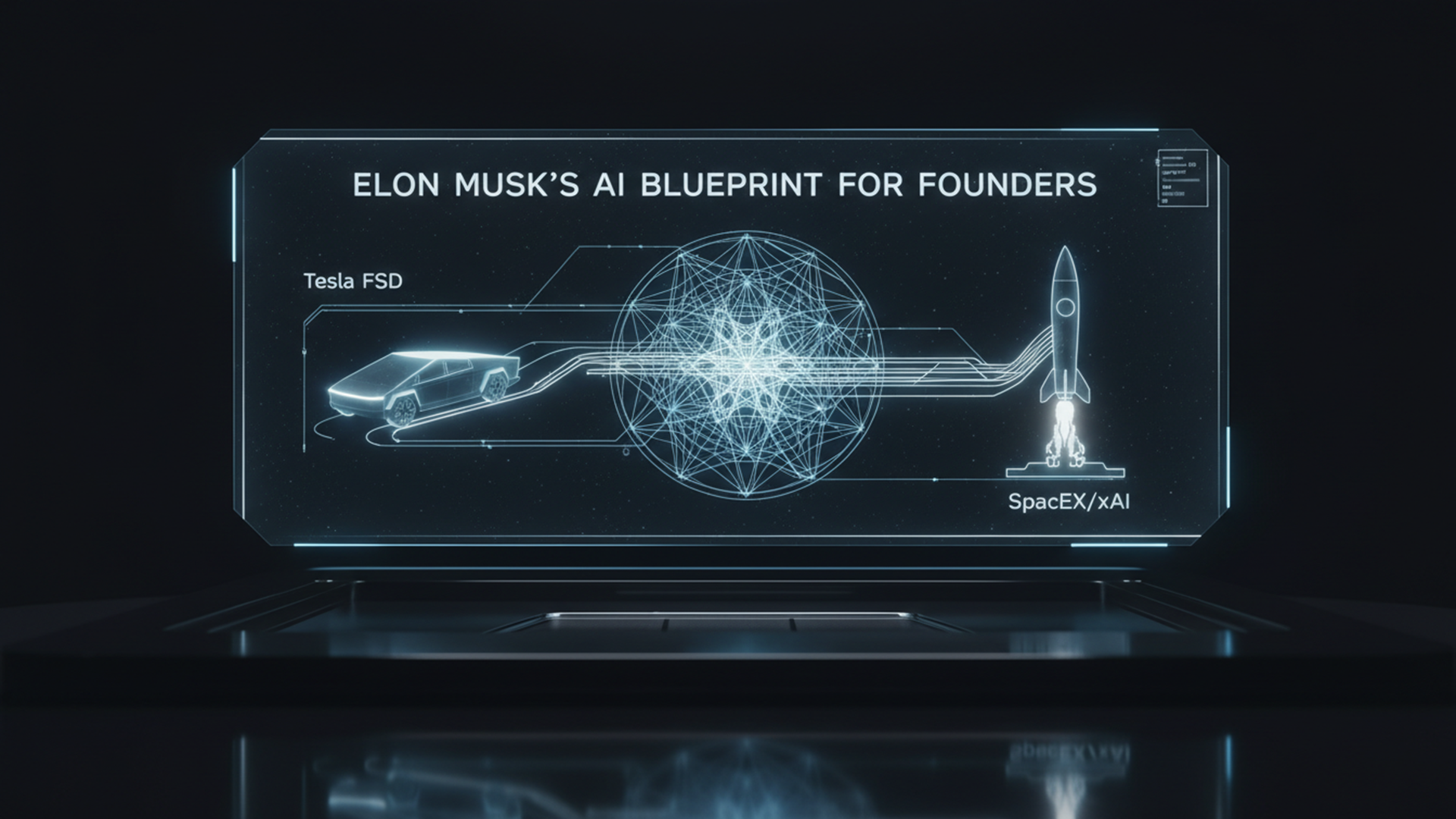A laptop screen displaying a holographic blueprint of Tesla FSD car, a central AI core, and a SpaceX/xAI rocket, all connected by glowing lines | AllAIWebsite