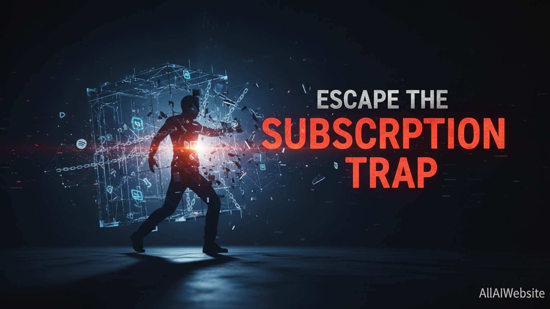 A silhouetted figure breaking through a glowing, wireframe cube adorned with app icons, with fragments shattering outwards | AllAIWebsite