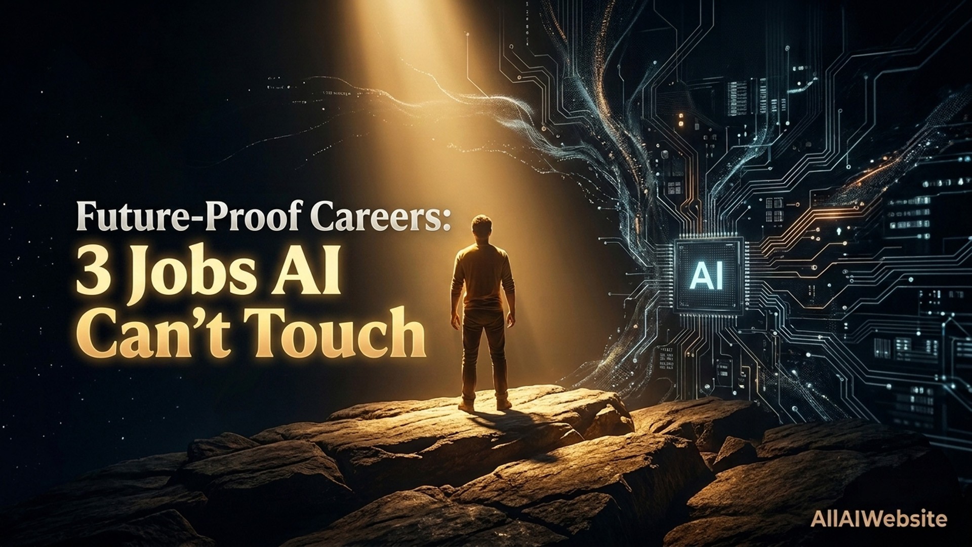 A man stands on a rocky outcrop, illuminated by a beam of light from above, facing a complex digital circuit board with 'AI' glowing on it | AllAIWebsite