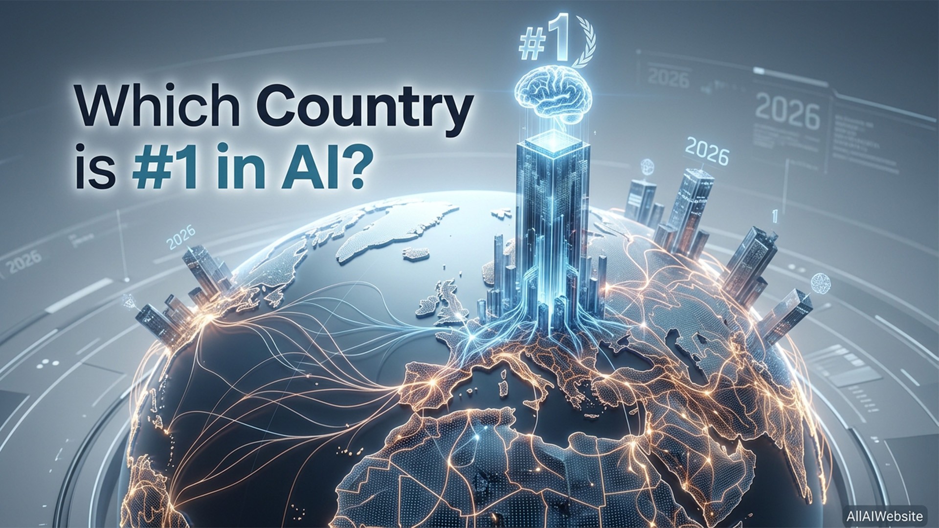 A futuristic digital globe with glowing network lines, skyscrapers emerging from continents, and a prominent ' #1' icon with a brain atop a central building, illustrating global AI dominance | AllAIWebsite