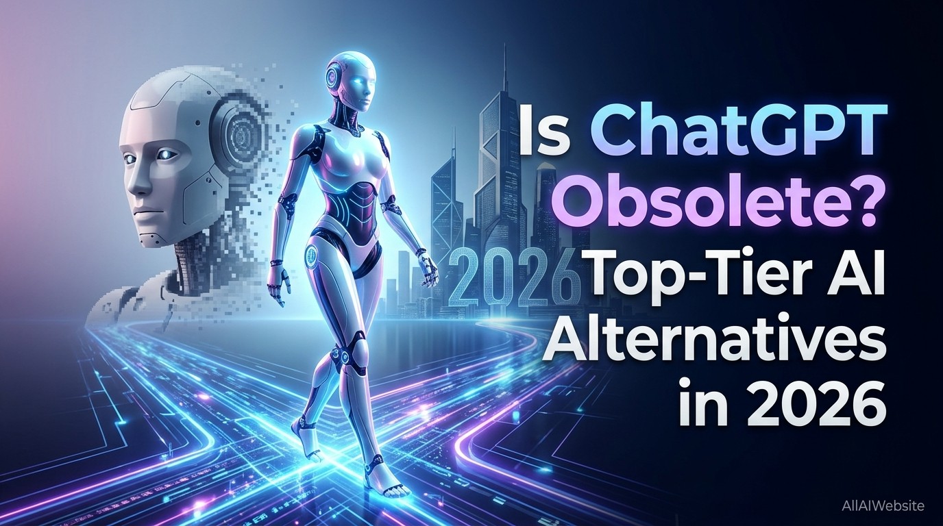 A futuristic image featuring two robots, one prominent in the foreground walking on a glowing digital path, and another in the background. The text 'Is ChatGPT Obsolete? Top-Tier AI Alternatives in 2026' is overlaid | AllAIWebsite