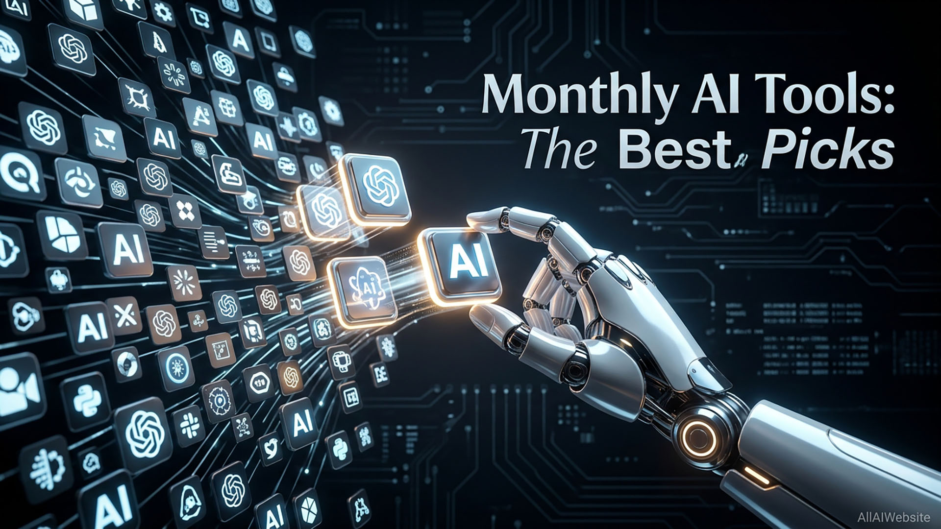 A robotic hand interacts with glowing AI icons and symbols, set against a dark, circuit board-like background with the text 'Monthly AI Tools: The Best Picks' | AllAIWebsite