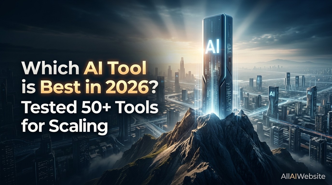 A futuristic cityscape at dusk with a large, glowing AI monolith on a mountain peak, surrounded by smaller AI-labeled buildings. Text overlay reads 'Which AI Tool is Best in 2026? Tested 50+ Tools for Scaling' | AllAIWebsite