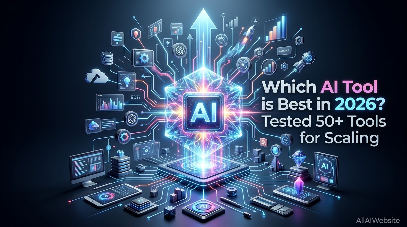 A futuristic image featuring a glowing AI cube at the center of a complex circuit board, surrounded by various interconnected digital icons representing data, analysis, and technology, with the text 'Which AI Tool is Best in 2026? Tested 50+ Tools for Scaling' on the right | AllAIWebsite