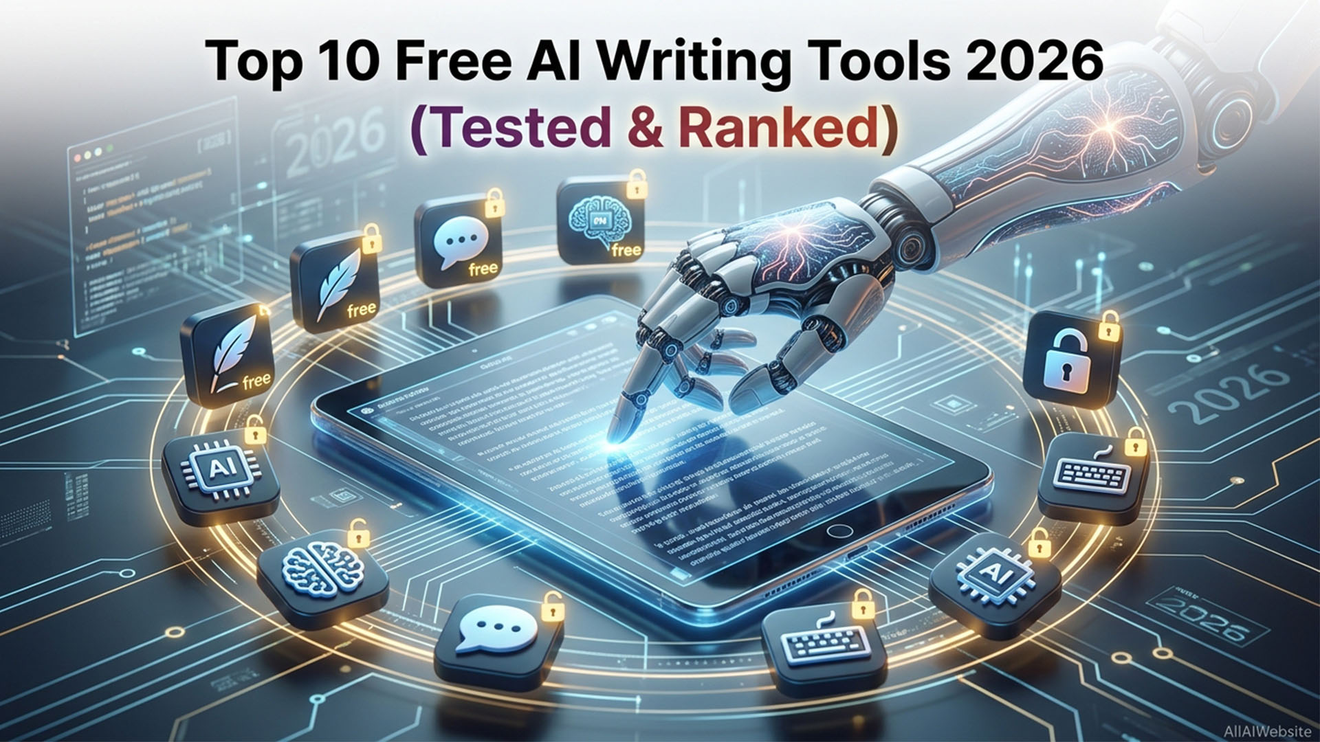 A futuristic image featuring a robotic arm interacting with a tablet displaying text, surrounded by icons representing AI, writing, and free access | AllAIWebsite