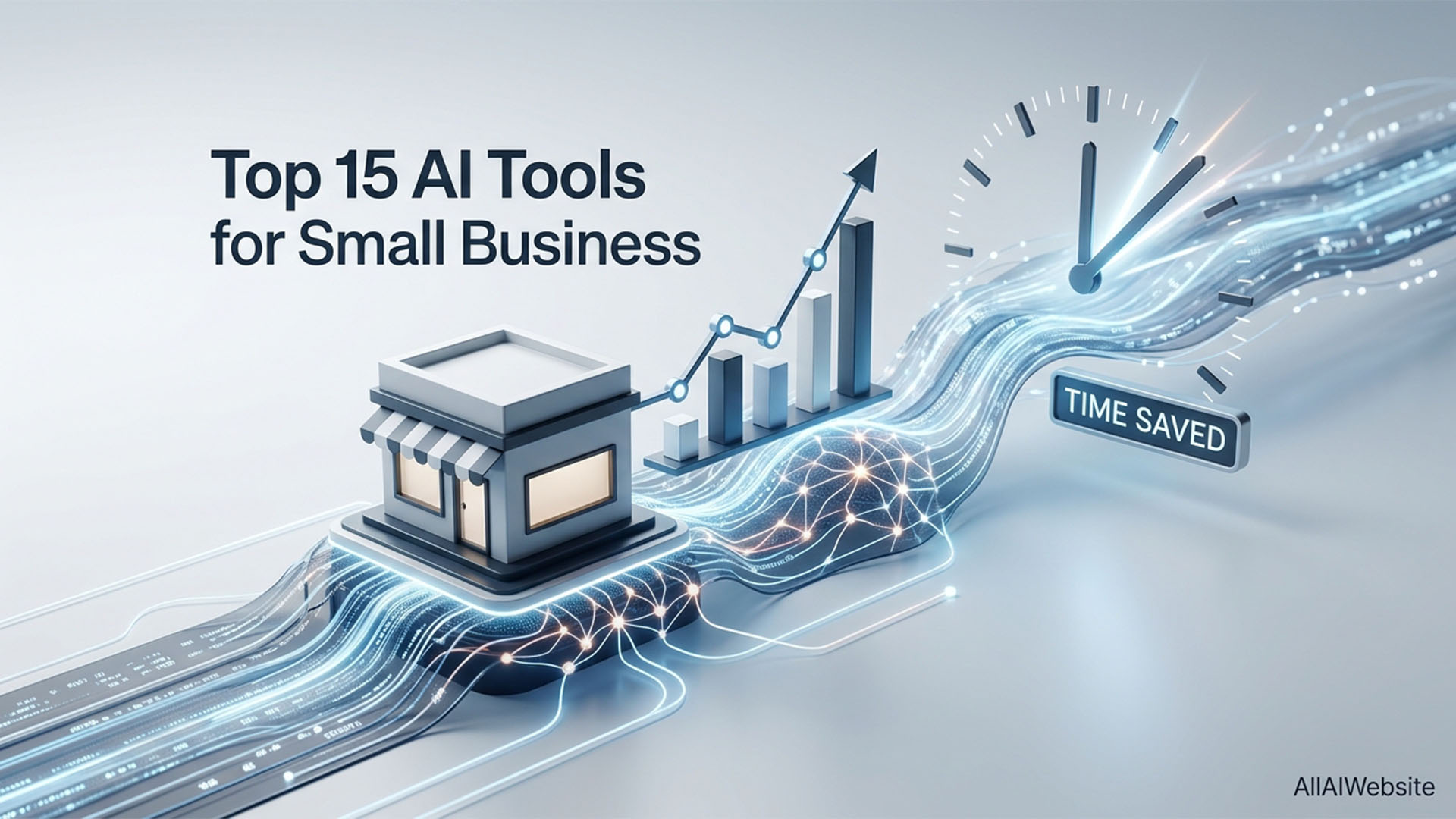 A 3D graphic illustrating a small business storefront connected by glowing data streams to a bar chart showing growth, a clock indicating 'TIME SAVED', and digital networks, all on a light grey background with the text 'Top 15 AI Tools for Small Business' | AllAIWebsite