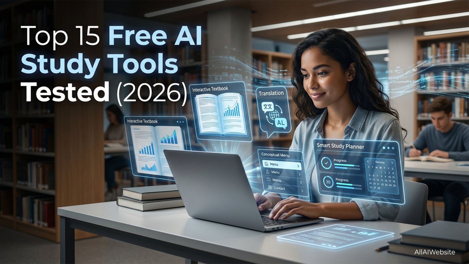 A woman with dark hair sits at a desk in a library, looking at a laptop with multiple holographic AI study tool interfaces floating around it | AllAIWebsite