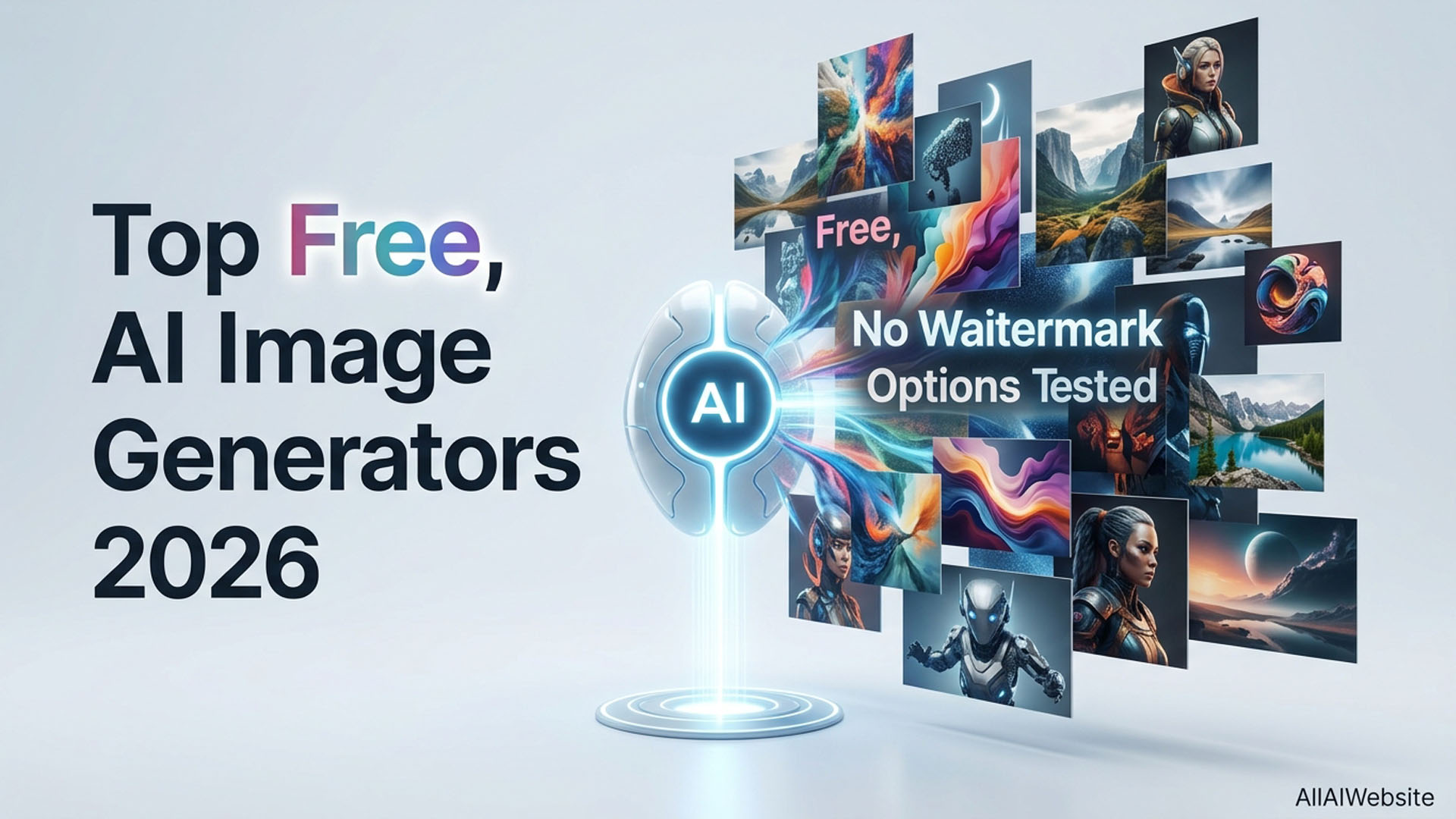 A white and blue futuristic brain-like AI icon with glowing elements, surrounded by various AI-generated images, and text 'Top Free, AI Image Generators 2026' and 'Free, No Watermark Options Tested' | AllAIWebsite
