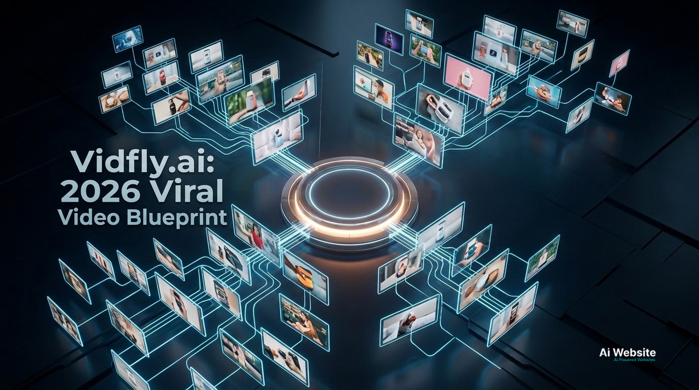 A central glowing ring connects via blue lines to multiple screens displaying various product videos and images, with 'Vidfly.ai: 2026 Viral Video Blueprint' text | AllAiWebsite