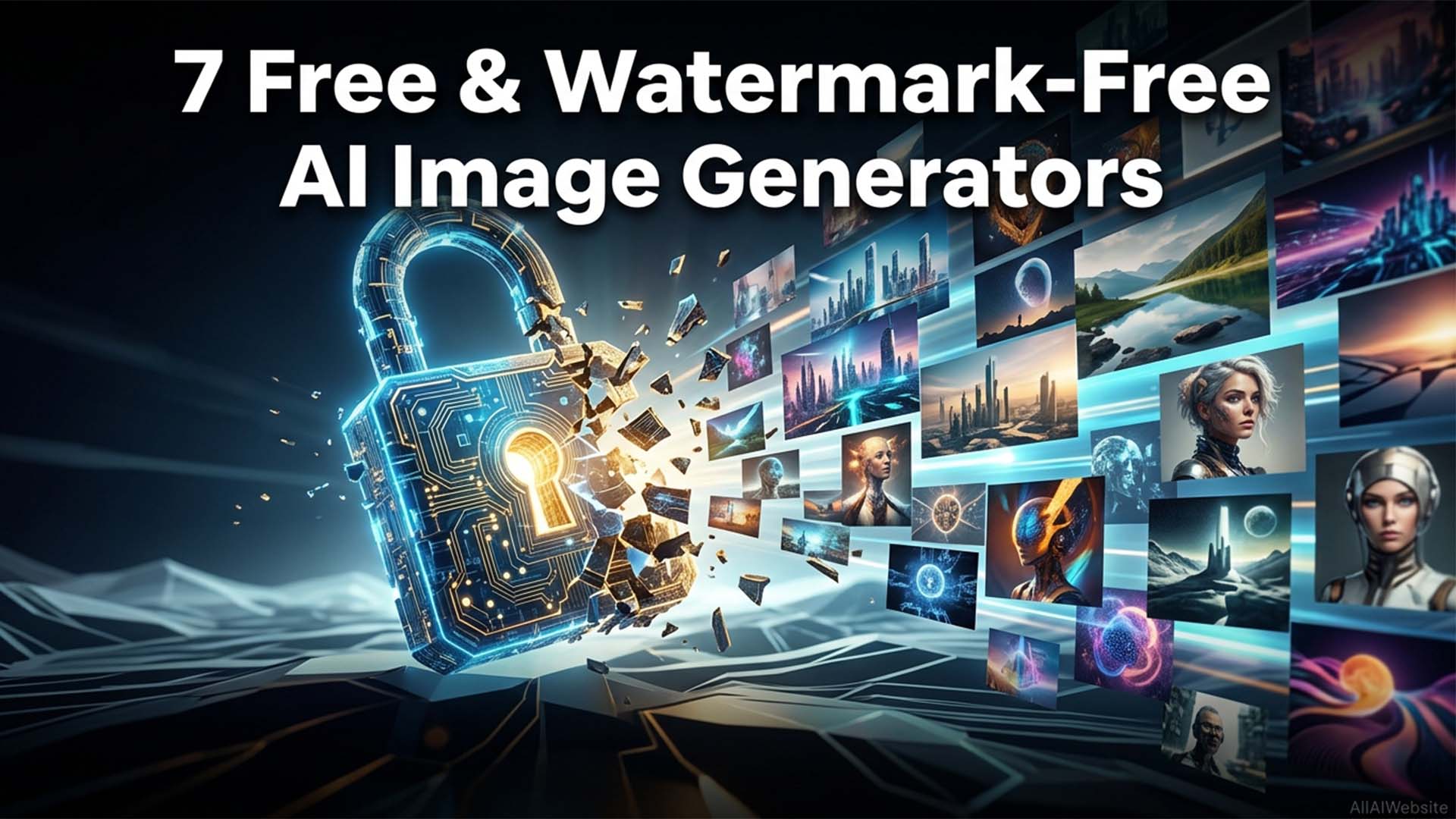 A digital padlock shatters into many small images, representing various AI-generated art, against a dark, tech-inspired background | AllAIWebsite