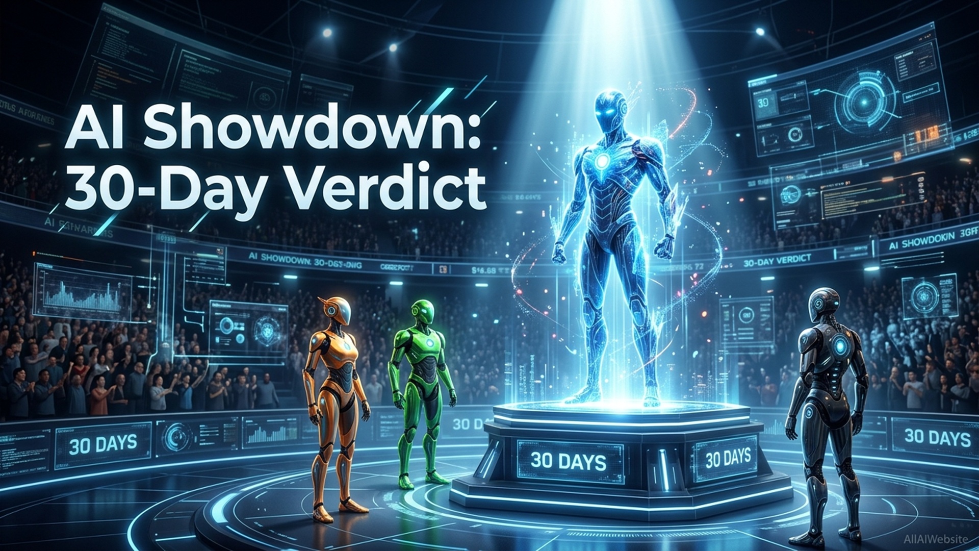 An arena scene with a large crowd watching four humanoid AI robots on a circular stage, one large and glowing blue, with text 'AI Showdown: 30-Day Verdict' | AllAIWebsite