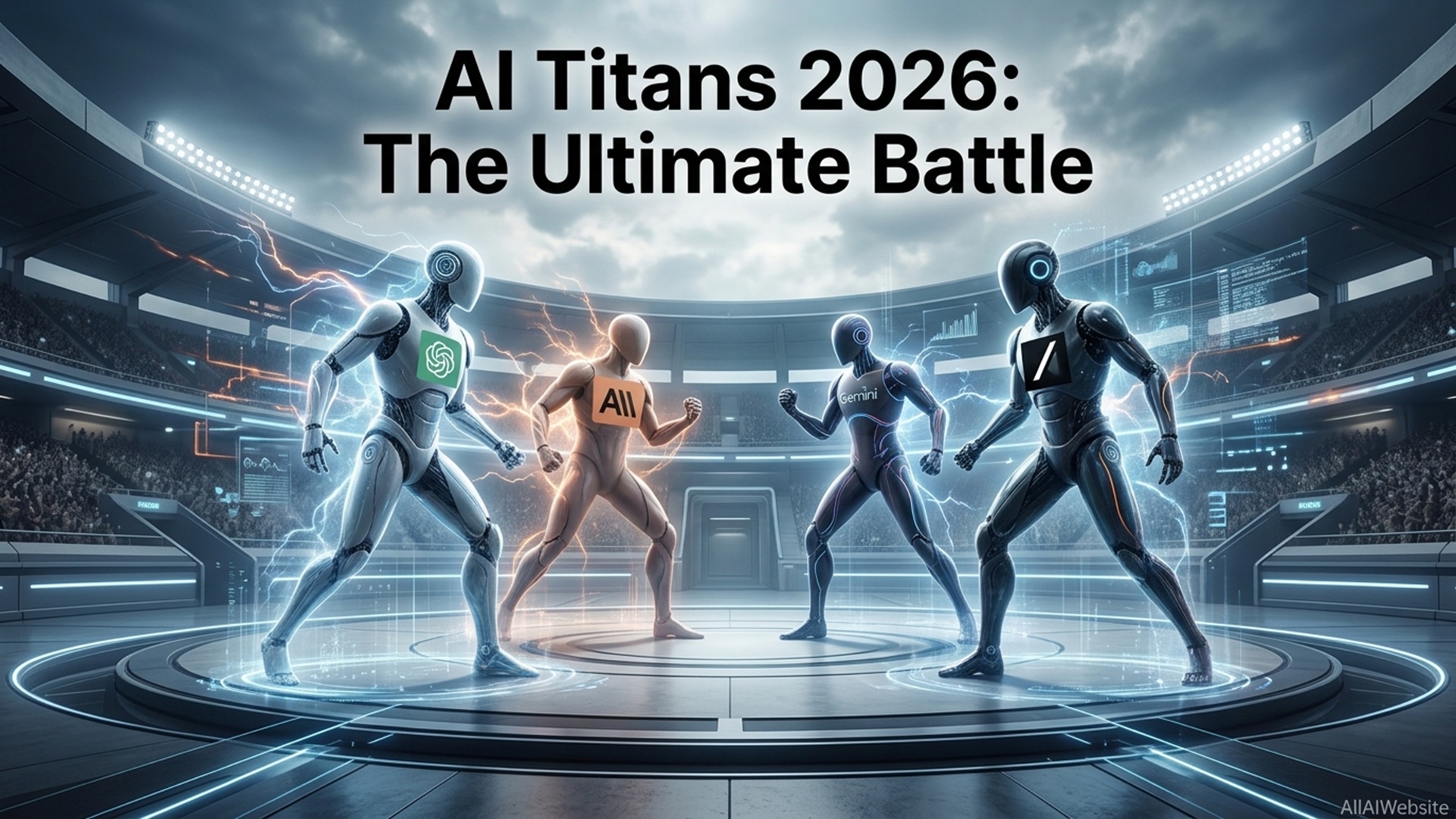 Four stylized humanoid robots with glowing accents and different AI logos (ChatGPT, ALL, Gemini, Z) in a futuristic arena with spectators | AllAIWebsite
