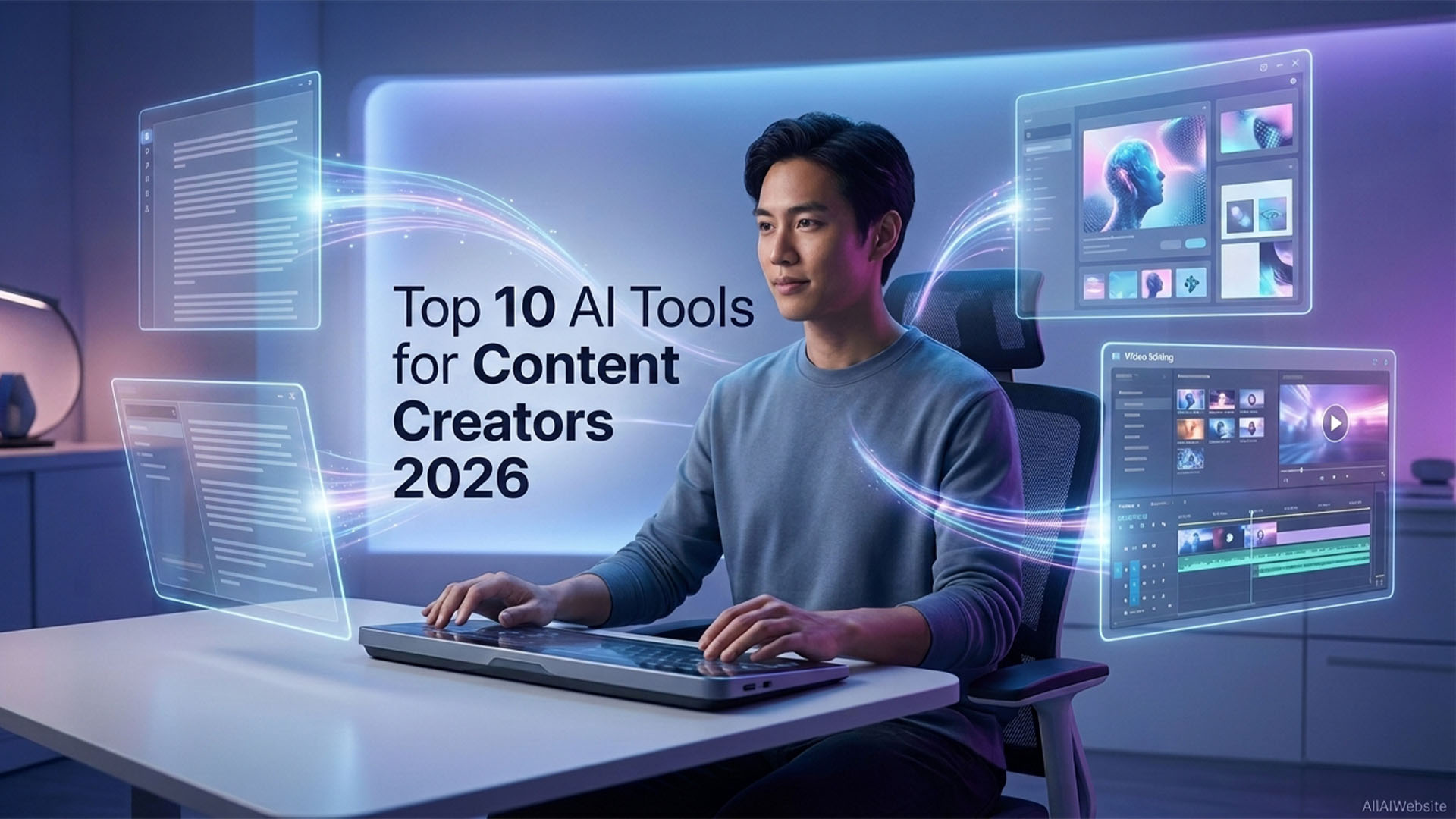 A man in a grey sweater sits at a desk, typing on a futuristic keyboard. Multiple holographic screens displaying text and video editing software float around him | AllAIWebsite