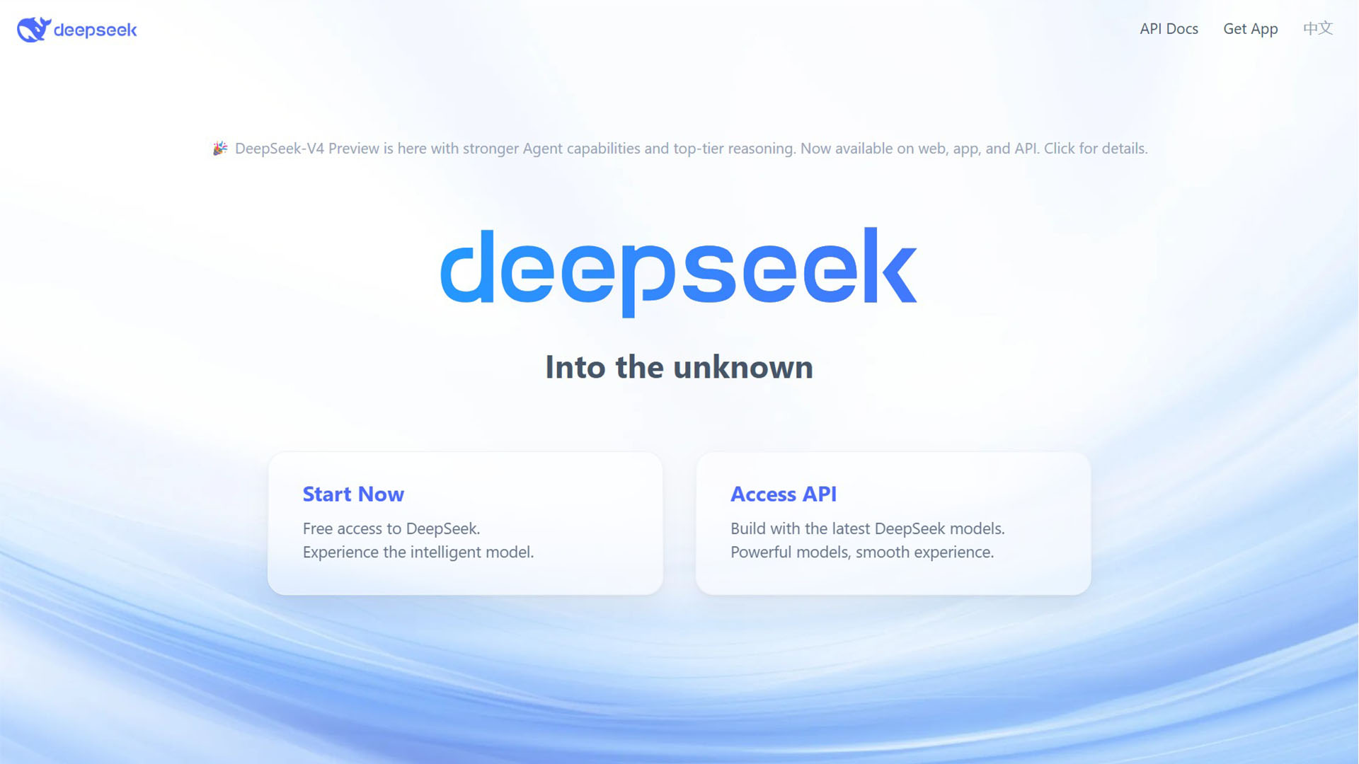 The DeepSeek AI platform homepage with its logo, slogan 'Into the unknown,' and two call-to-action buttons: 'Start Now' and 'Access API.' | AllAIWebsite
