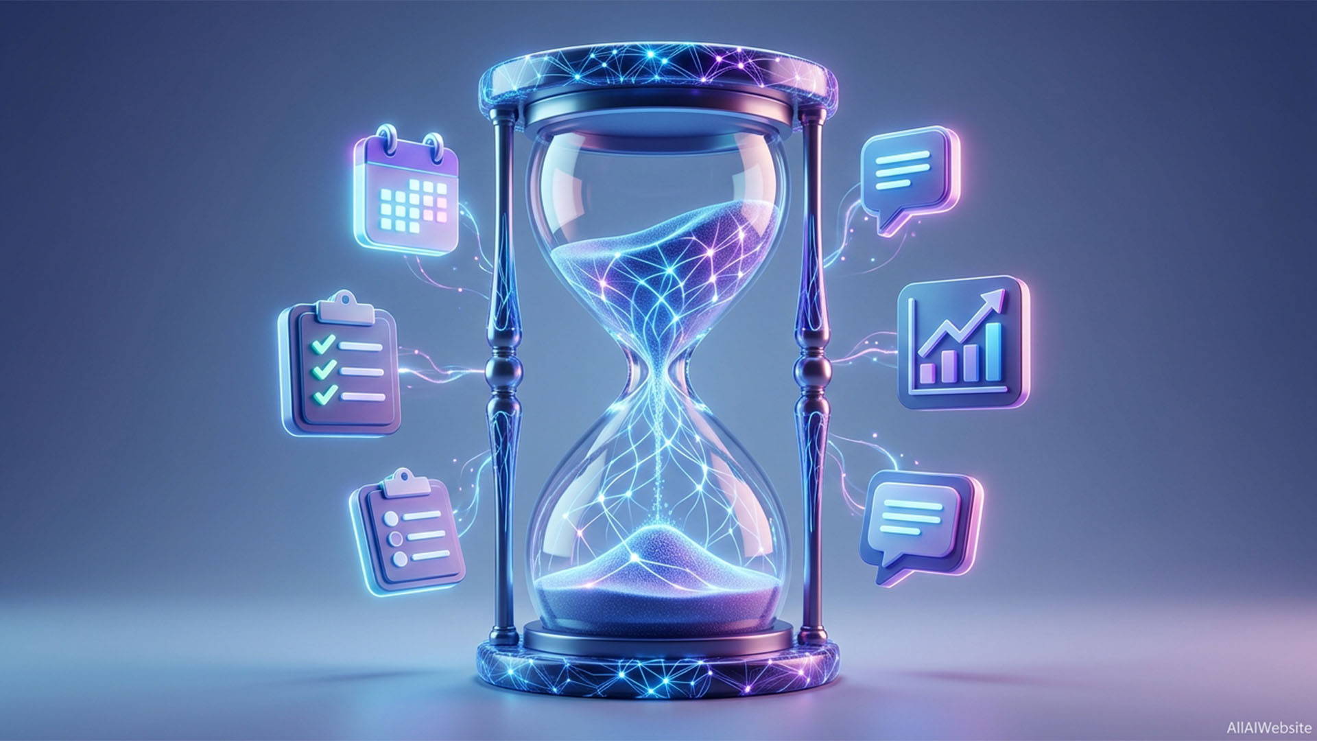 A futuristic, glowing hourglass surrounded by digital icons representing a calendar, checklist, chat bubbles, and a bar graph, all connected by glowing lines | AllAIWebsite