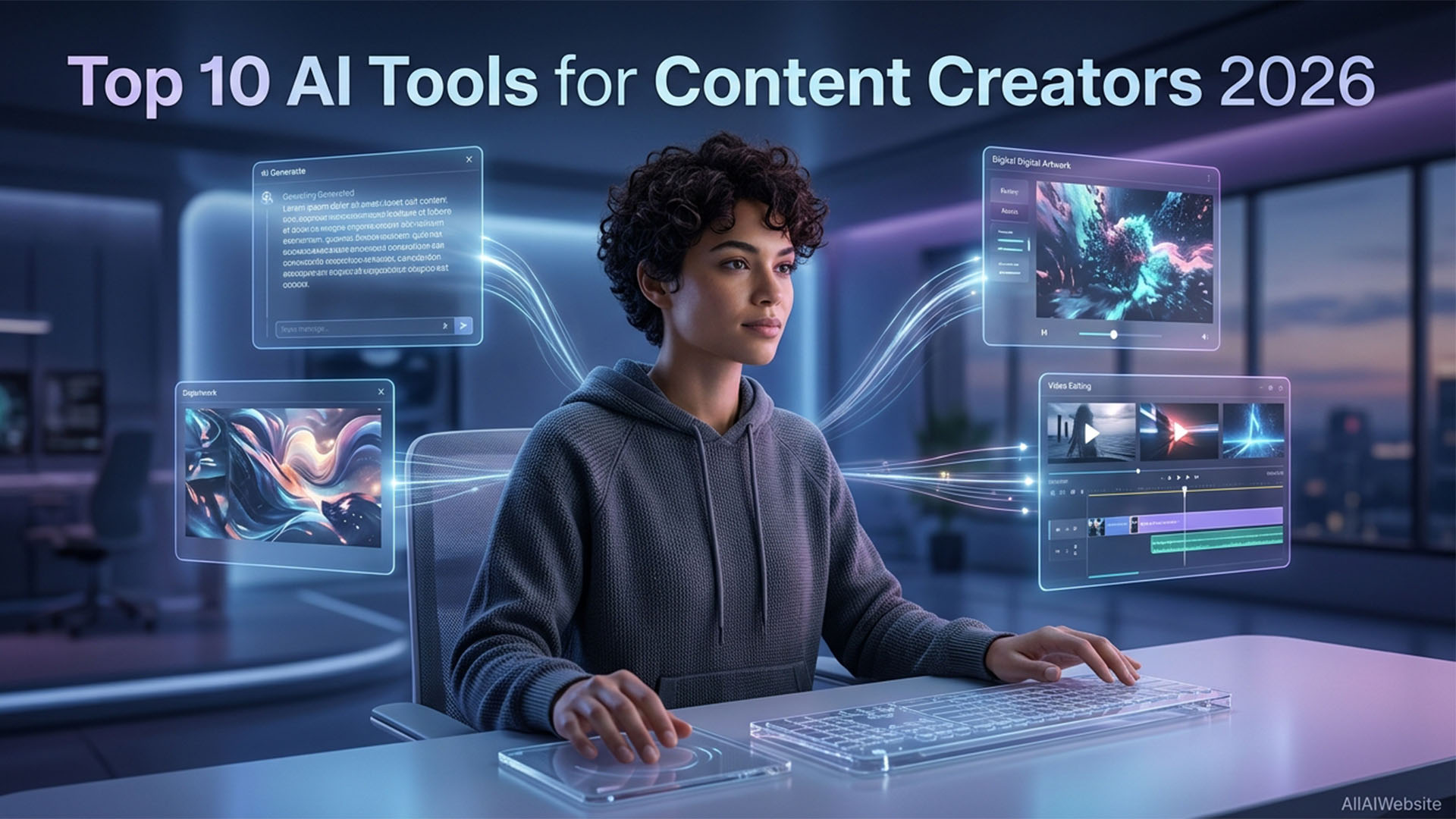 A woman with dark curly hair sits at a desk, looking forward. Transparent screens displaying AI tools for content creation, digital artwork, and video editing float around her. The text 'Top 10 AI Tools for Content Creators 2026' is at the top of the image | AllAIWebsite